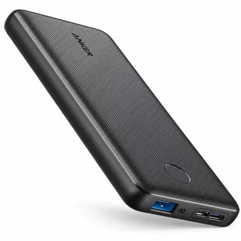 Anker PowerCore Slim 10000 power bank angled view showing USB-C and Micro USB input ports