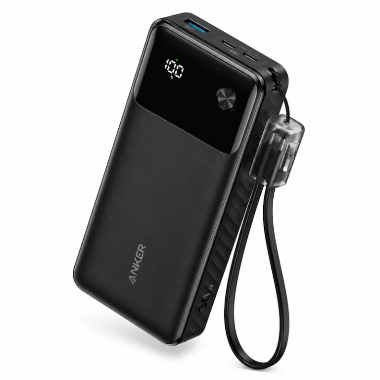 Anker Power Bank 20K angle view in black with digital display and lanyard cable