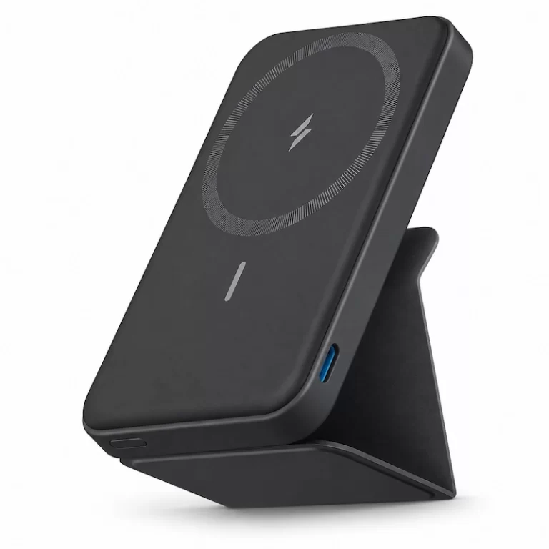 Anker MagGo magnetic power bank angled view showing wireless charging pad and stand