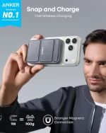 Anker MagGo power bank magnetically attached to back of phone camera module