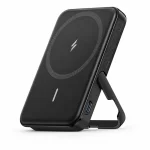 Anker MagGo power bank angled view showing magnetic charging pad and foldable stand