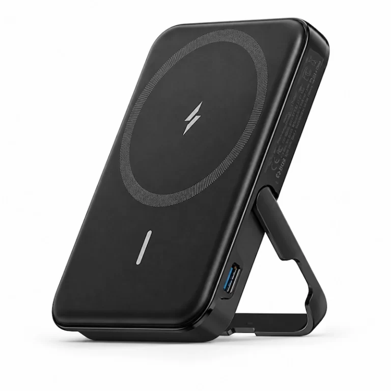 Anker MagGo power bank angled view showing magnetic charging pad and foldable stand