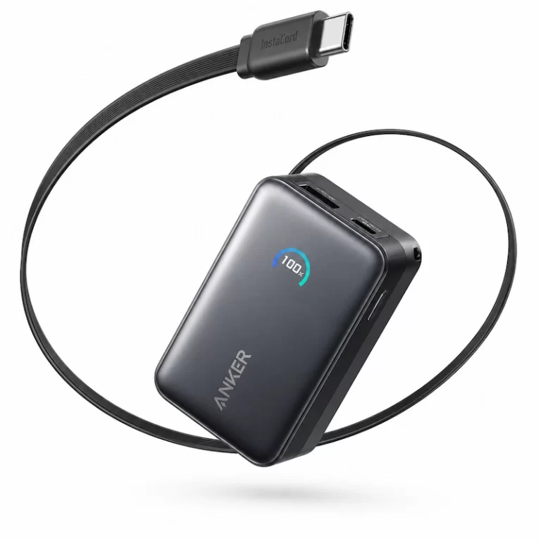 Anker Nano Power Bank angle view with built-in retractable USB-C cable extended