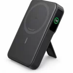 Anker MagGo Power Bank angle view in black showing kickstand and smart display