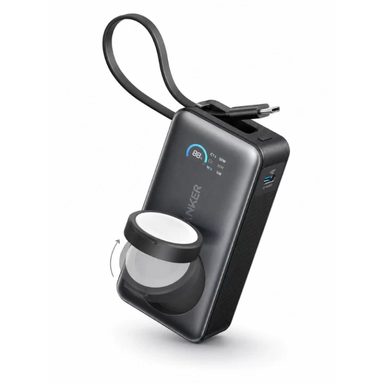 Anker MagGo Power Bank angle view showing magnetic watch dock and USB-C cable