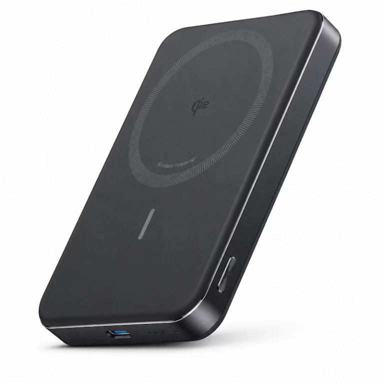 Anker MagGo Power Bank 10K Slim angle view showing Qi2 wireless charging surface