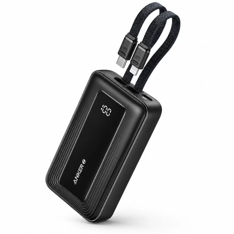 Anker Zolo Power Bank angle view in black with built-in USB-C and Lightning cables