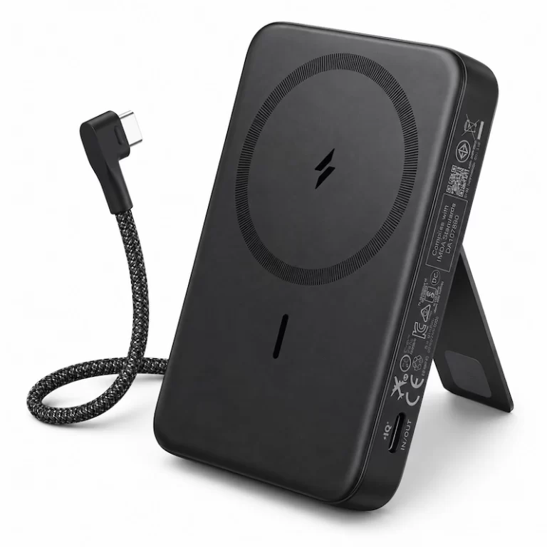 Anker Zolo magnetic power bank angled view with built-in USB-C cable extended