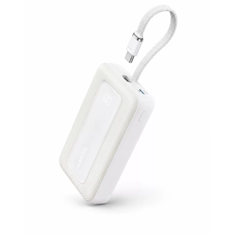 Anker Zolo Power Bank angle view in white with built-in USB-C cable extended