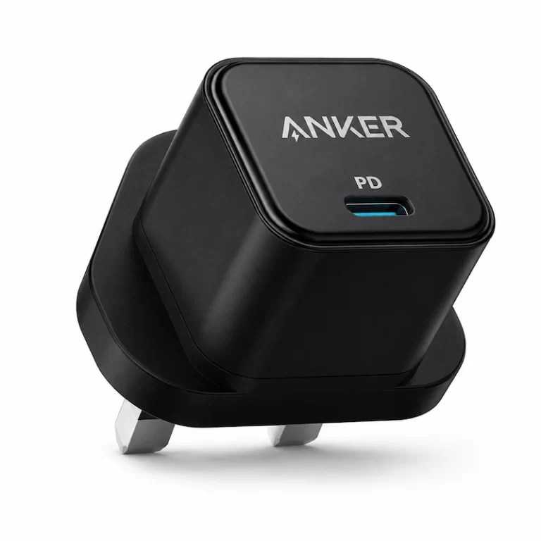 Anker 20W PD charger angle view showing ultra compact rounded black design