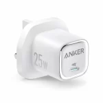 Anker 25W compact charger angle view showing UK plug and USB-C IQ3 port