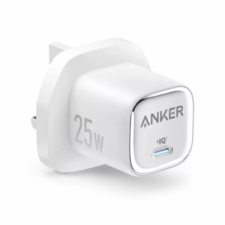 Anker 25W compact charger angle view showing UK plug and USB-C IQ3 port