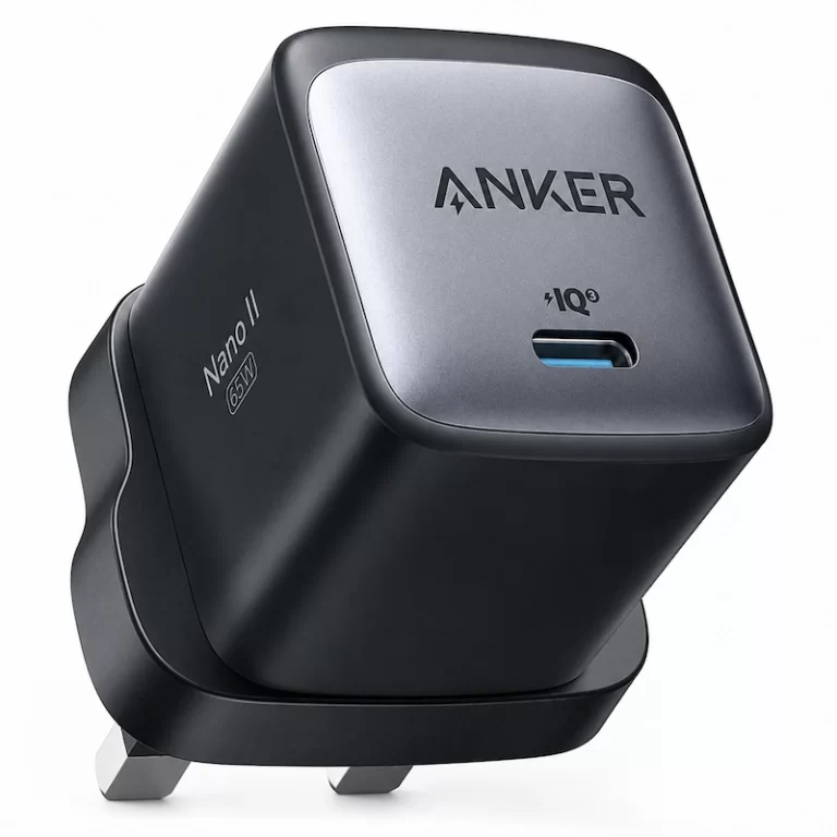 Anker Nano II 65W USB-C charger angle view showing UK plug and IQ3 port