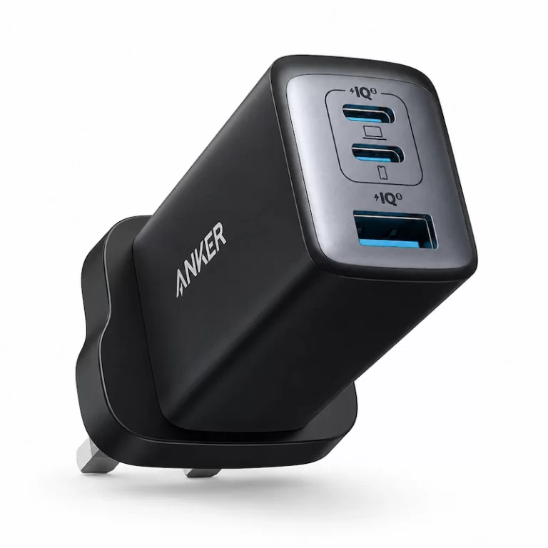 Anker 65W GaN wall charger angle view showing UK plug and port layout