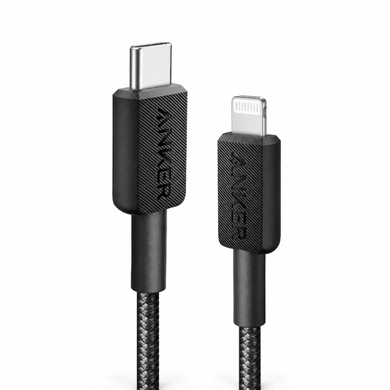 Anker 322 USB-C to Lightning braided cable showing both connector ends close up