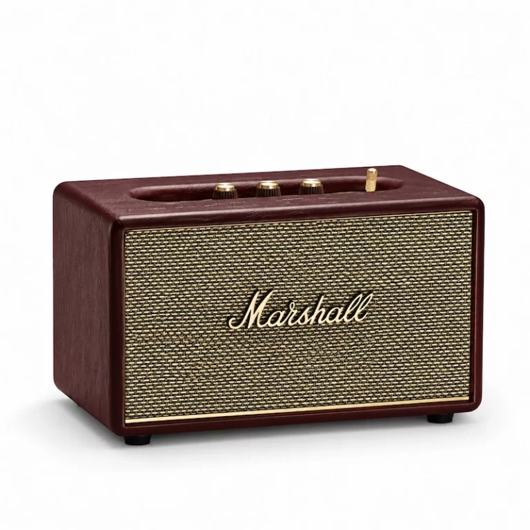 Marshall Acton III Burgundy Bluetooth speaker front view with woven grille and gold Marshall logo