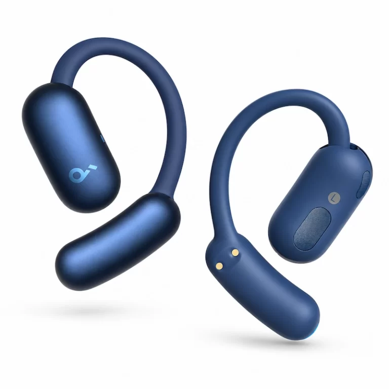 Soundcore AeroFit 2 open-ear wireless earbuds in blue showing flexible ear hooks