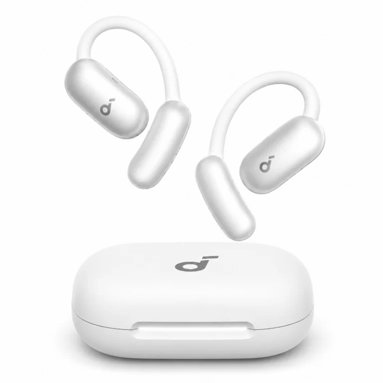 Soundcore AeroFit 2 AI Assistant open-ear earbuds with white charging case