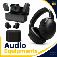 Audio equipment category thumbnail with wireless earbuds, headphones and charging cases