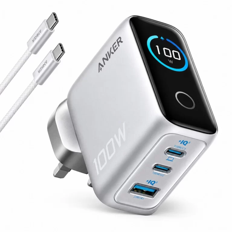 Anker 100W 3-port GaN charger angle view showing smart display and UK plug