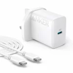 Anker Select 20W charger in white shown beside coiled USB-C charging cable