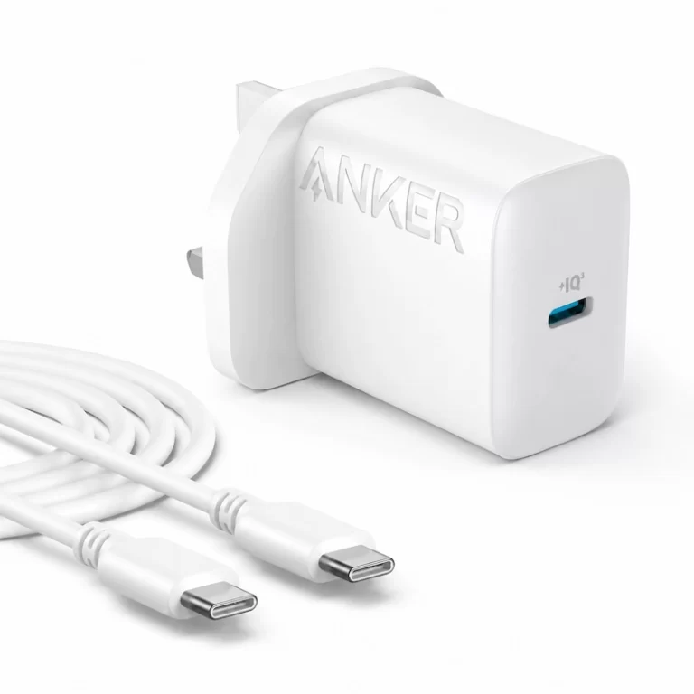 Anker Select 20W charger in white shown beside coiled USB-C charging cable