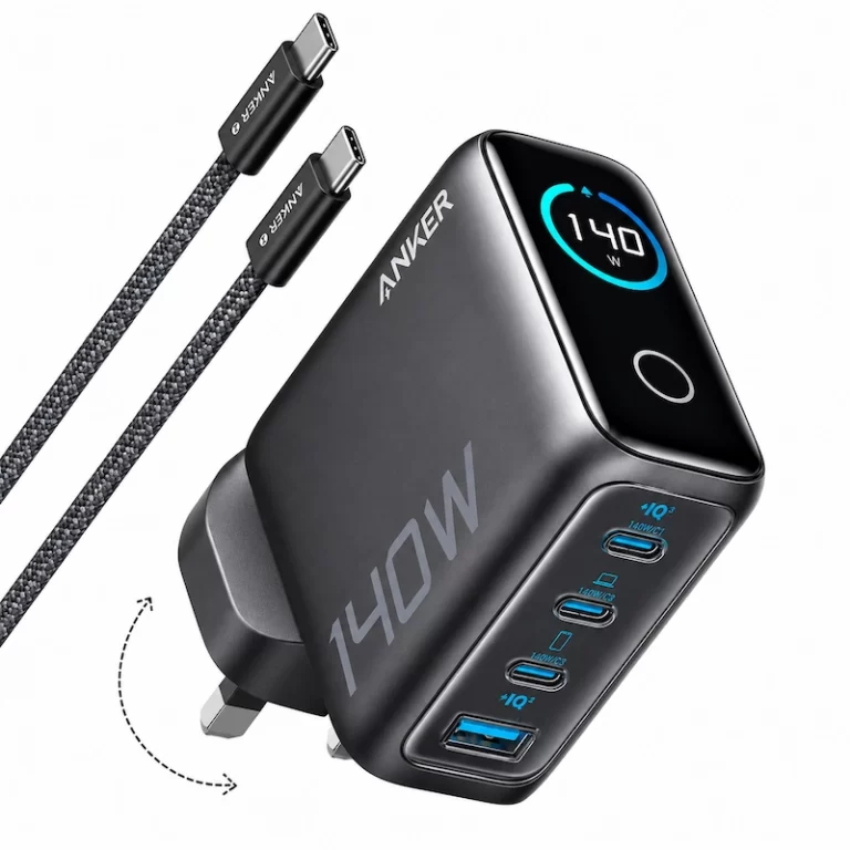 Anker Prime 140W Charger angled view with display and four USB ports