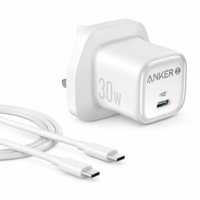 Anker Zolo 30W USB-C charger paired with a white USB-C charging cable