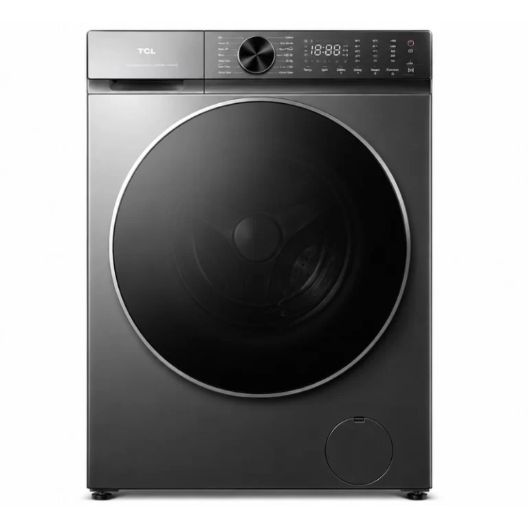 TCL front load washing machine front view with digital display and steam wash
