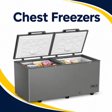 Open chest freezers with spacious storage for frozen foods