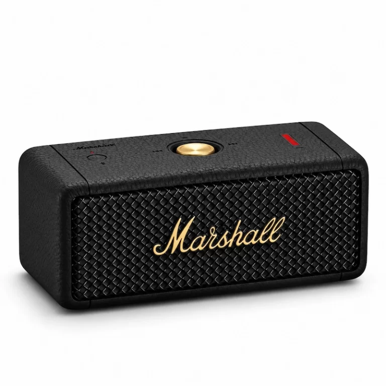 Marshall Emberton II black portable Bluetooth speaker with woven grille, gold Marshall logo and top controls