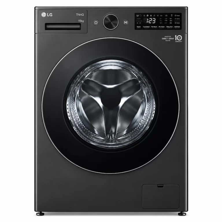 LG F0Z6DYP24 15kg black front load washing machine with ThinQ digital controls and large glass door
