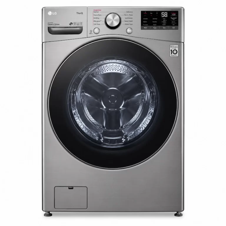 LG ThinQ silver front load washing machine with Inverter Direct Drive and digital control panel