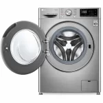 LG F4R5VYG2P 9kg silver front load washing machine with door open showing stainless steel drum