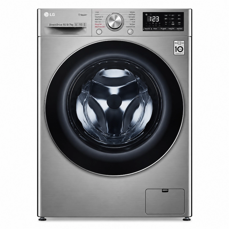 LG 10.5/7kg silver front load washer dryer with Steam, Direct Drive and digital controls