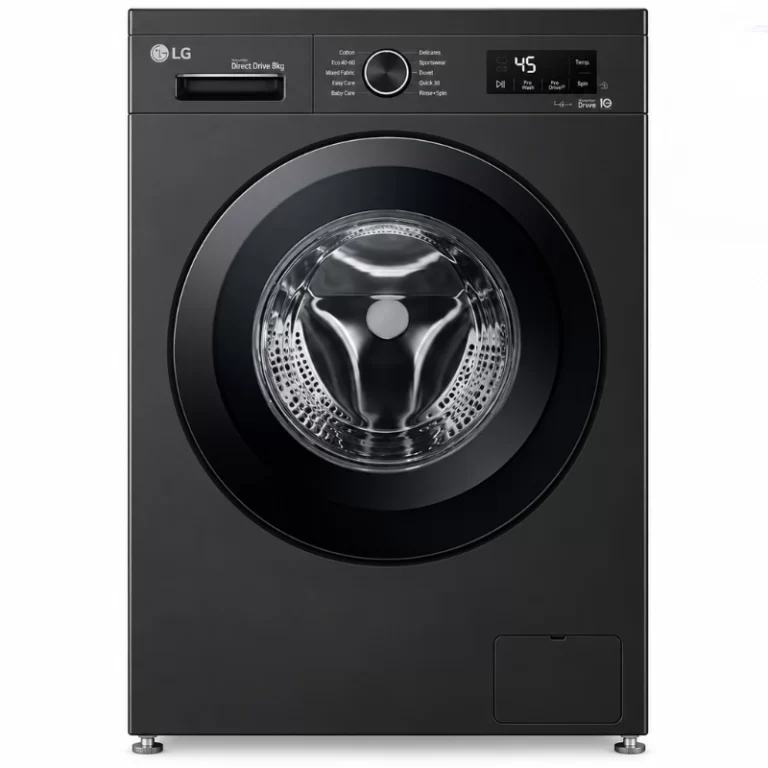 LG F4Y2TYG6X 8kg Direct Drive front load washing machine in black with digital control panel