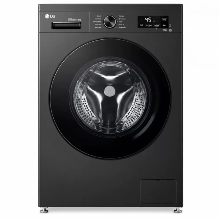 LG F4Y2VYGYX 8kg black front load washing machine with Direct Drive and digital control panel
