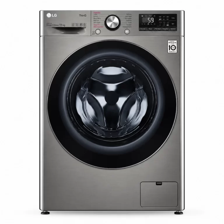 LG F4Y5EYGYPV 11kg silver front load washing machine with Inverter Direct Drive, ThinQ and Steam Cycle