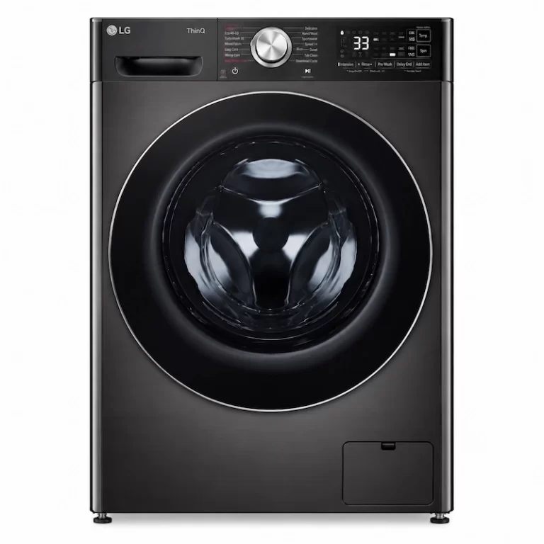 LG F4Y9LWP2Z black front load washing machine with ThinQ digital control panel and large glass door