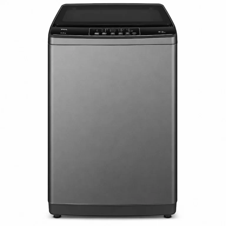 TCL F708TLG 8kg top load washing machine front view in dark grey finish