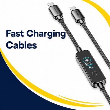 Fast charging cables with braided USB-C connectors and display module