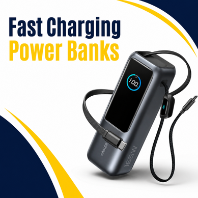 Fast charging power bank with built-in cables and digital display