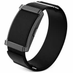 Green Lion Fit Wear Smart Fitness Band angled view with black fabric strap