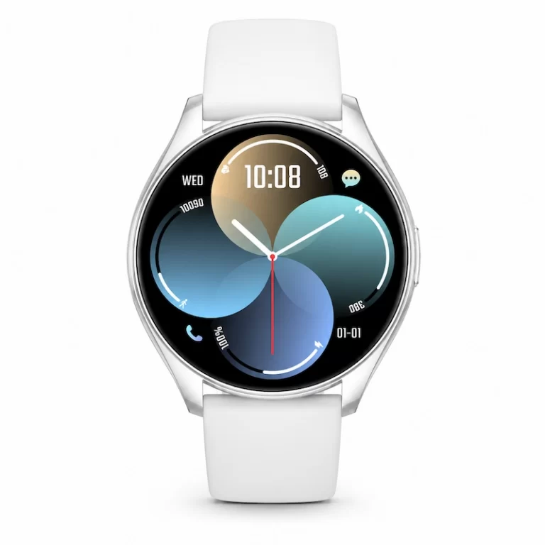 Green Lion G-Master Smart Watch front view with white strap and round AMOLED display