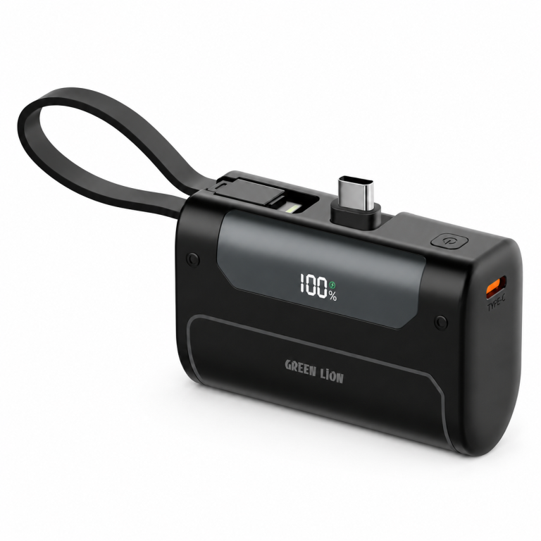 Green Lion Pocket 10000mAh Power Bank angled view with foldable USB-C connector and display