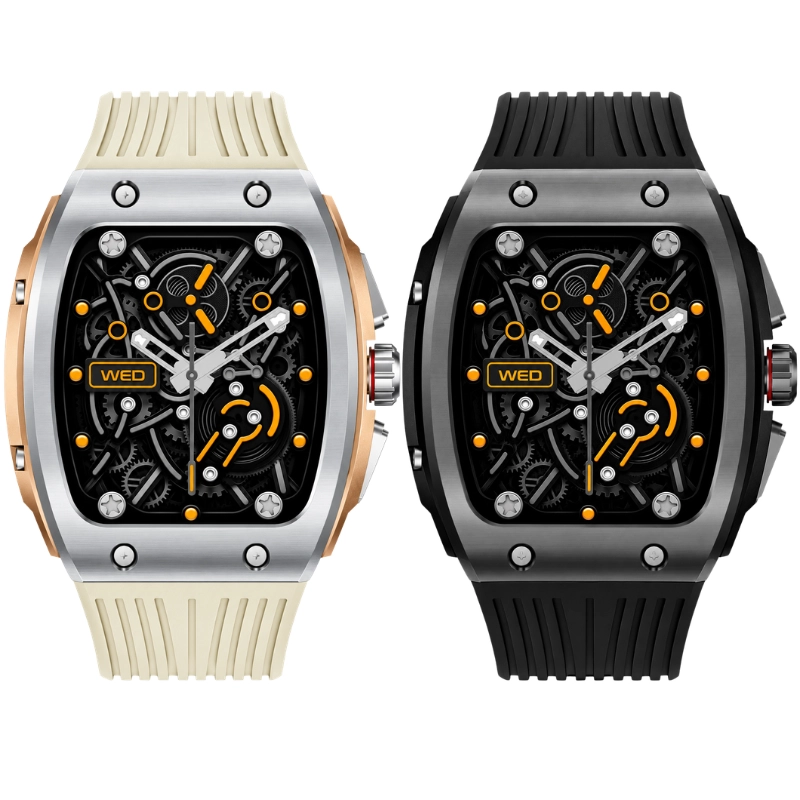 Green Lion Time Smart Watch shown in silver and black variants with skeleton-style watch faces, orange accents and silicone straps. Green Lion GL-SW69 price in Kenya.