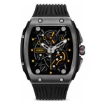 Green Lion Time Smart Watch black front view with skeleton-style watch face, orange accents and black silicone strap