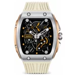 Green Lion Time Smart Watch silver front view with skeleton-style watch face, orange accents and cream silicone strap