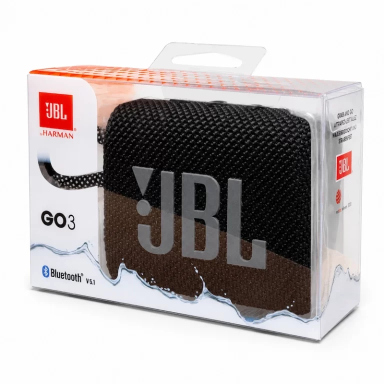 JBL Go 3 portable Bluetooth speaker retail packaging shown from front angle