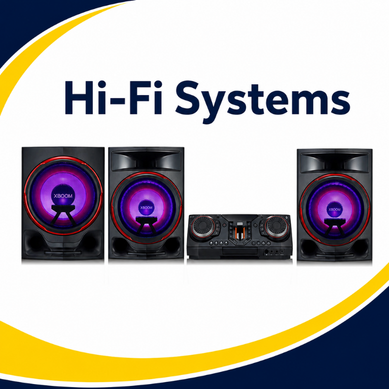 Hi-Fi Systems category thumbnail with illuminated speakers and audio console
